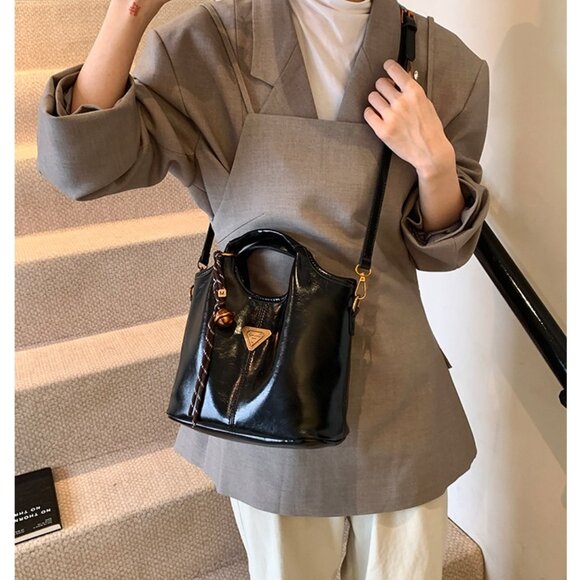 Patent Faux Leather Slouchy Mini Tote Bag /Multiple colors available - Picture 2 of 13